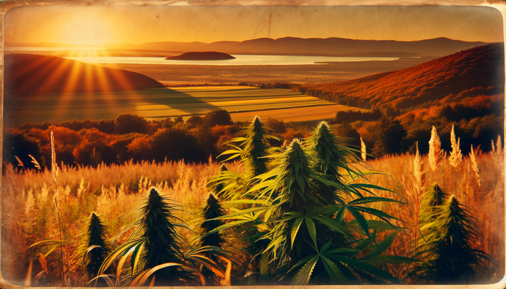 cannabis delivery in a field in the foreground with a scenic landscape of Quebec in the background