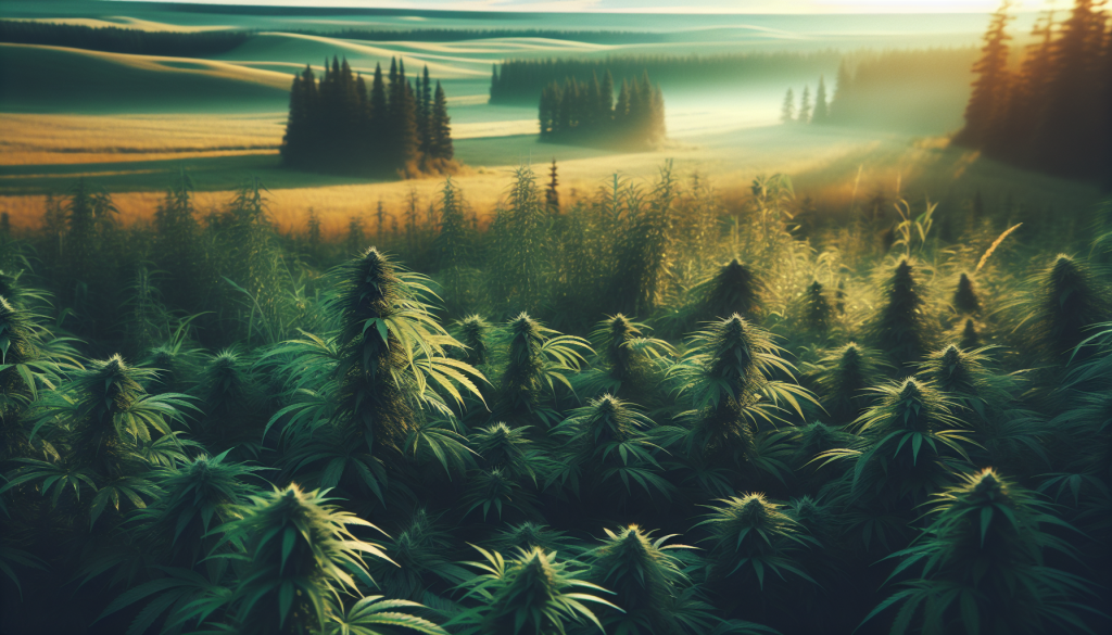 cannabis delivery in a field in the foreground with a scenic landscape of Alberta in the background
