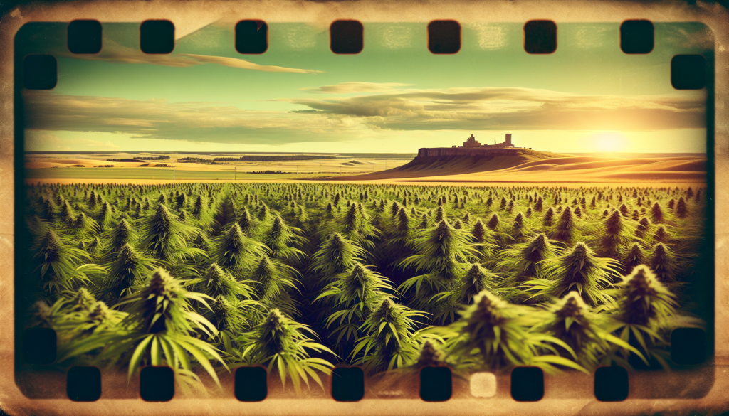 cannabis delivery in a field in the foreground with a scenic landscape of Saskatchewan in the background