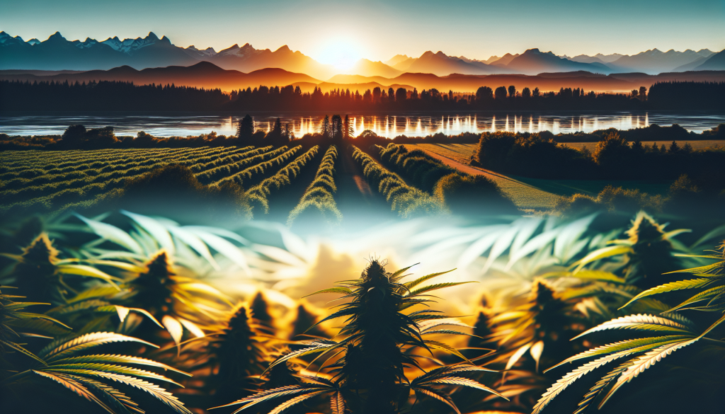 cannabis delivery in a field in the foreground with a scenic landscape of British Columbia in the background