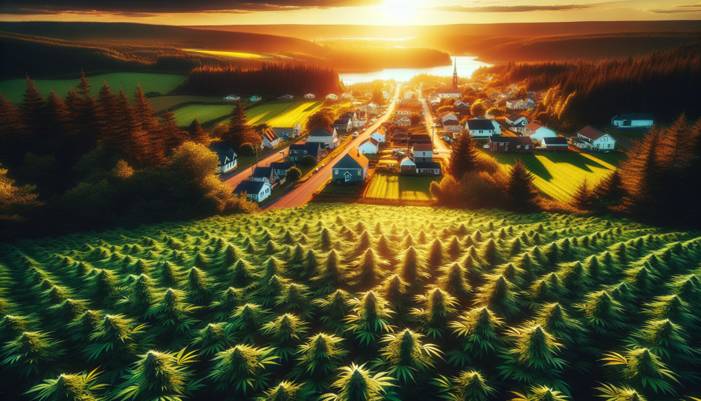cannabis delivery in a field in the foreground with a scenic landscape of New Brunswick in the background