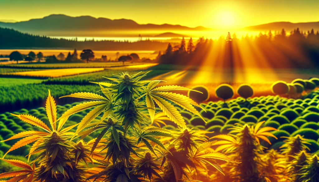 cannabis delivery in a field in the foreground with a scenic landscape of British Columbia in the background