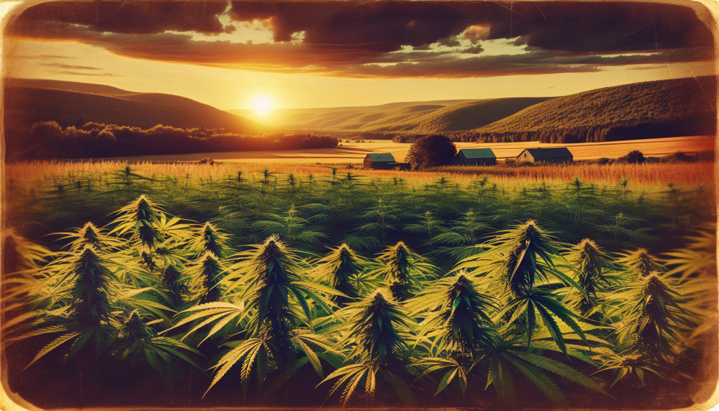 cannabis delivery in a field in the foreground with a scenic landscape of Quebec in the background