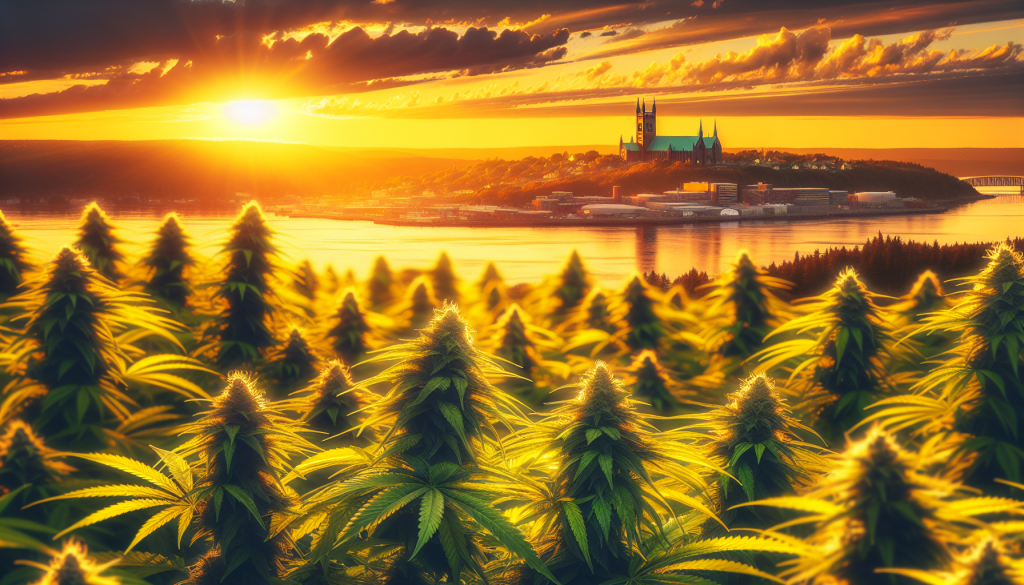 cannabis delivery in a field in the foreground with a scenic landscape of New Brunswick in the background