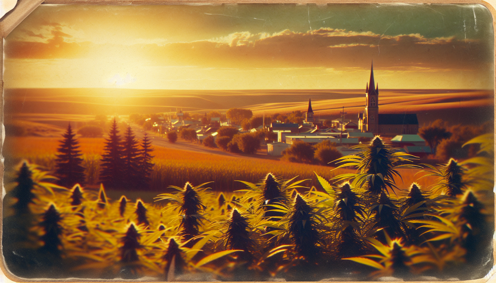 cannabis delivery in a field in the foreground with a scenic landscape of Saskatchewan in the background