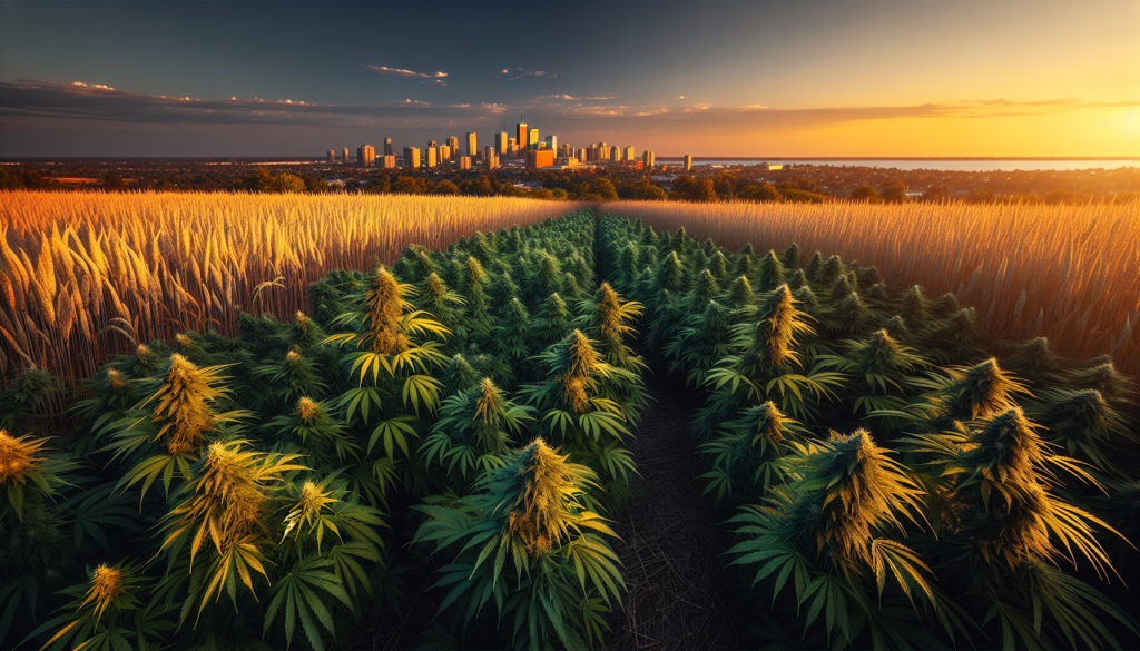 cannabis delivery in a field in the foreground with a scenic landscape of Ontario in the background
