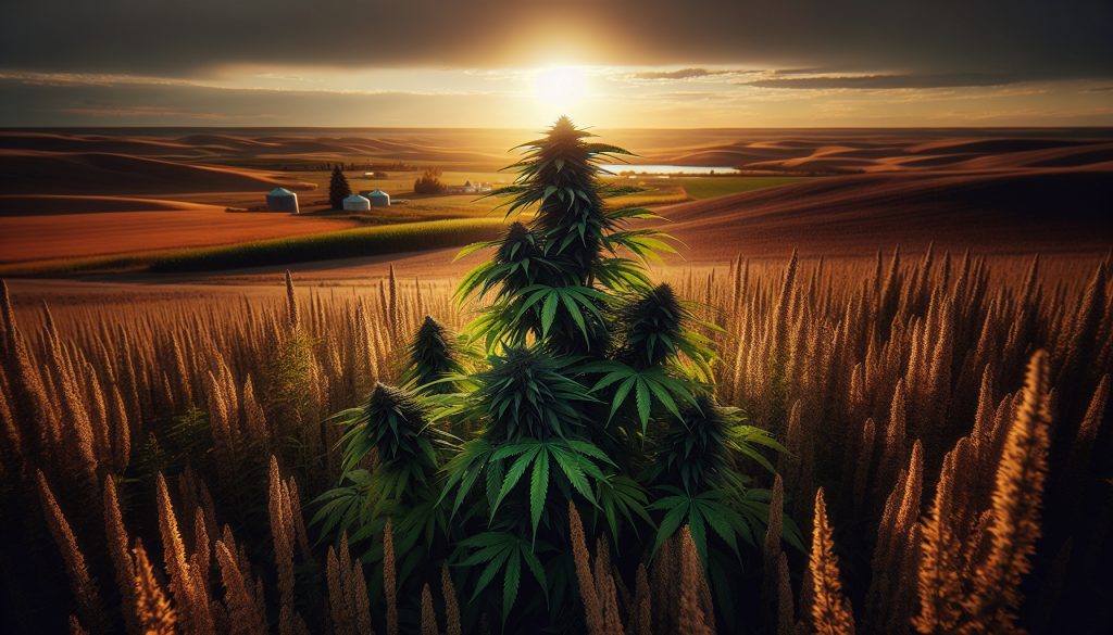 cannabis delivery in a field in the foreground with a scenic landscape of Manitoba in the background