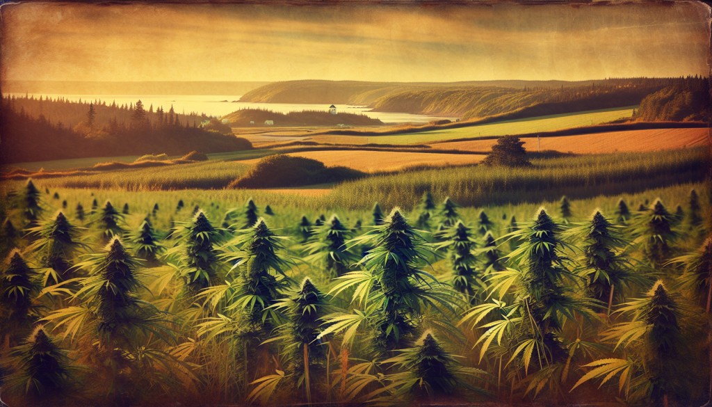 cannabis delivery in a field in the foreground with a scenic landscape of Prince Edward Island in the background