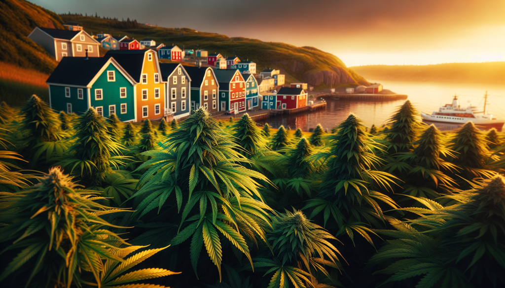 cannabis delivery in a field in the foreground with a scenic landscape of Newfoundland and Labrador in the background