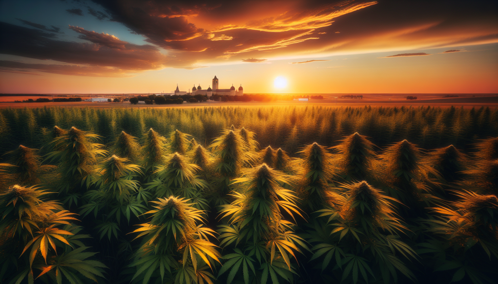 cannabis delivery in a field in the foreground with a scenic landscape of Manitoba in the background