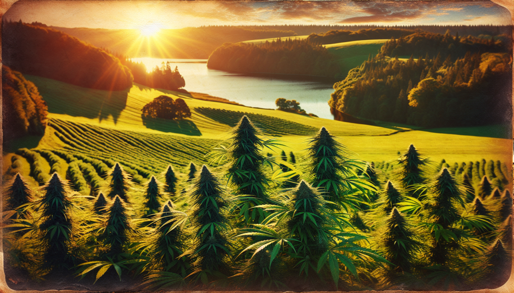 cannabis delivery in a field in the foreground with a scenic landscape of Prince Edward Island in the background