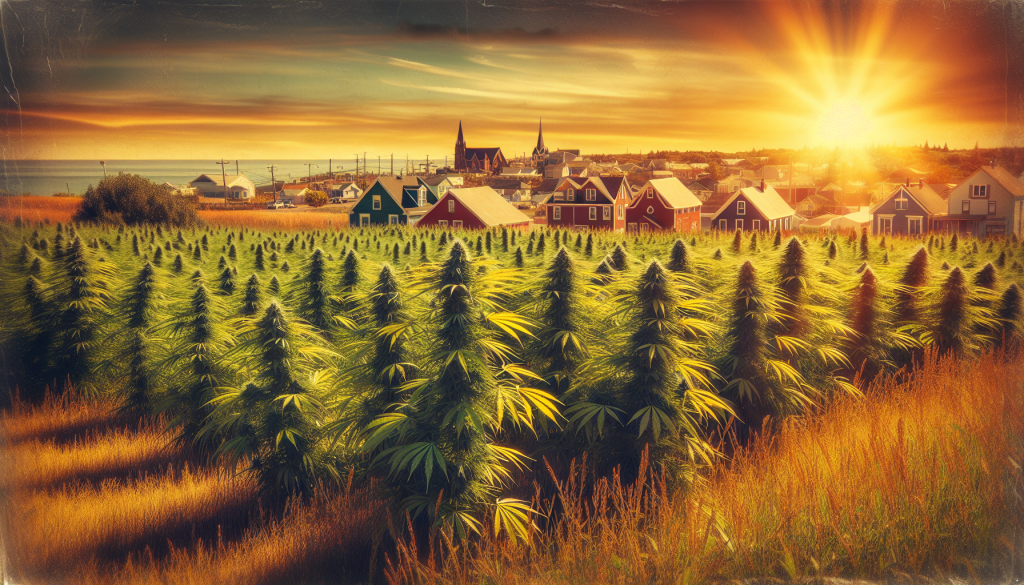 cannabis delivery in a field in the foreground with a scenic landscape of Prince Edward Island in the background
