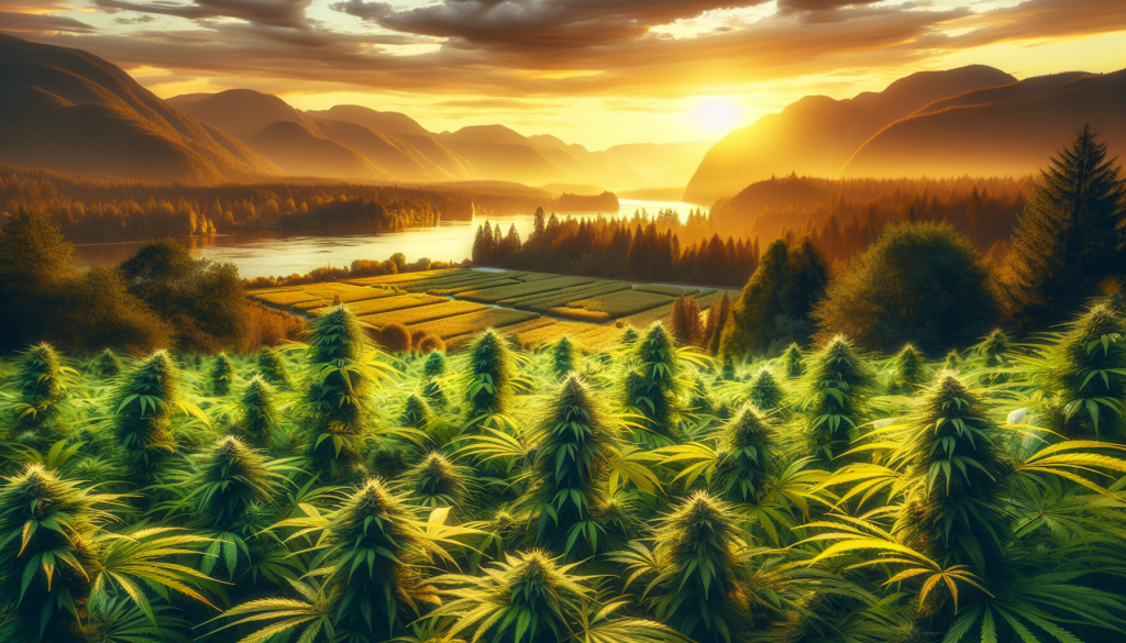 cannabis delivery in a field in the foreground with a scenic landscape of British Columbia in the background