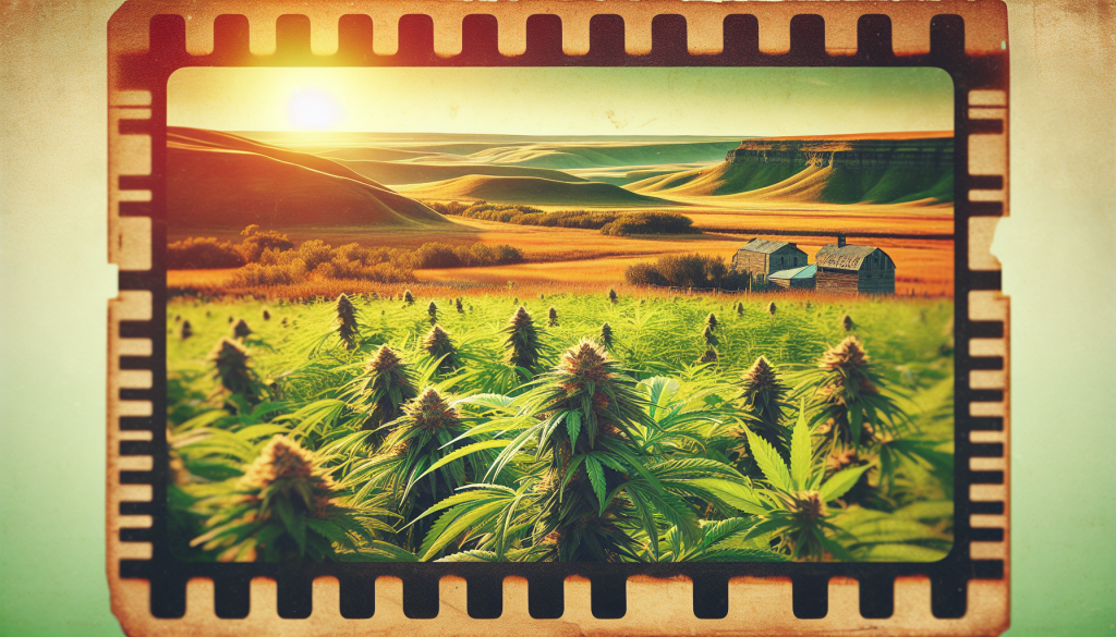 cannabis delivery in a field in the foreground with a scenic landscape of Saskatchewan in the background