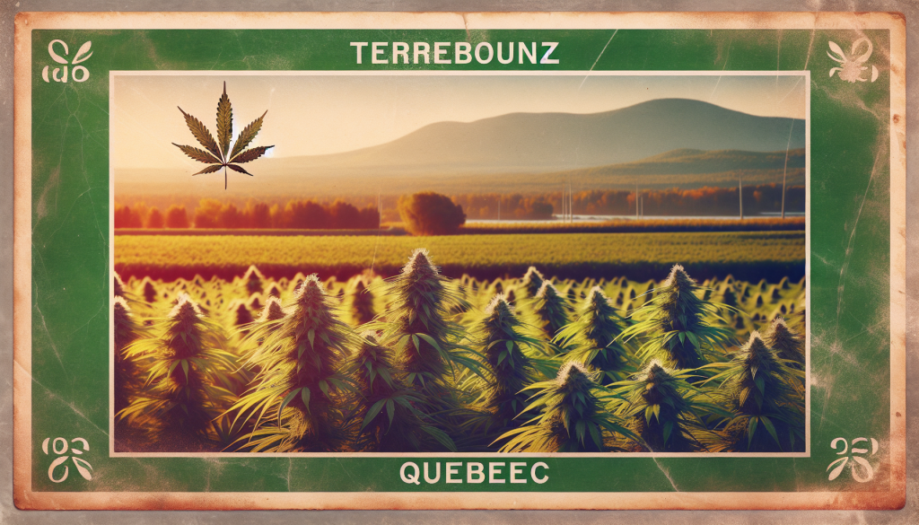 cannabis delivery in a field in the foreground with a scenic landscape of Quebec in the background