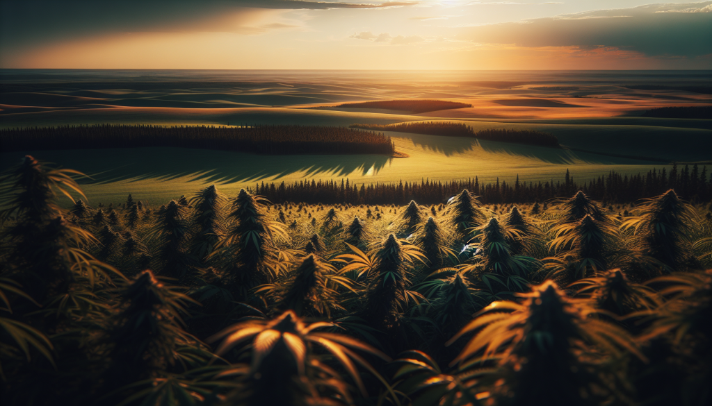 cannabis delivery in a field in the foreground with a scenic landscape of Manitoba in the background