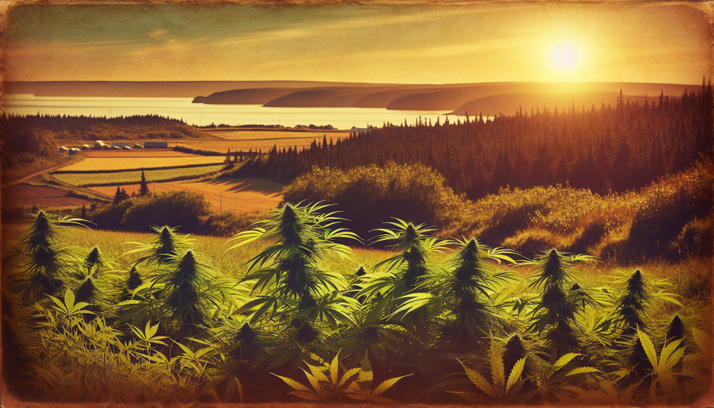 cannabis delivery in a field in the foreground with a scenic landscape of Prince Edward Island in the background