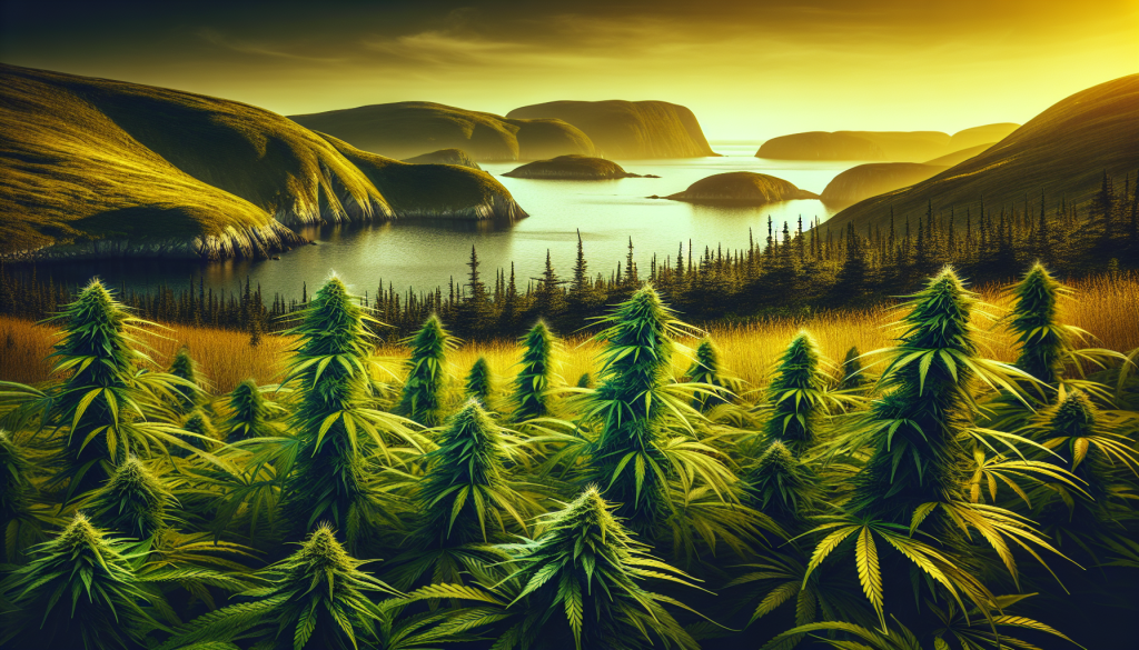 cannabis delivery in a field in the foreground with a scenic landscape of Newfoundland and Labrador in the background