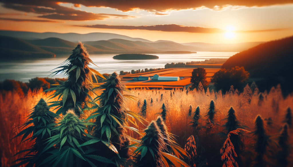 cannabis delivery in a field in the foreground with a scenic landscape of Quebec in the background