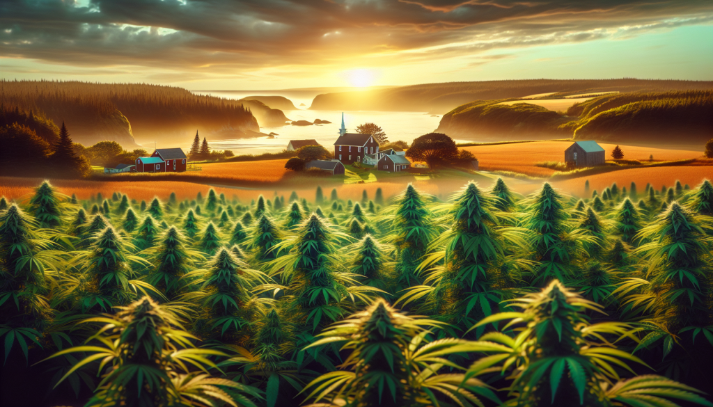 cannabis delivery in a field in the foreground with a scenic landscape of Nova Scotia in the background