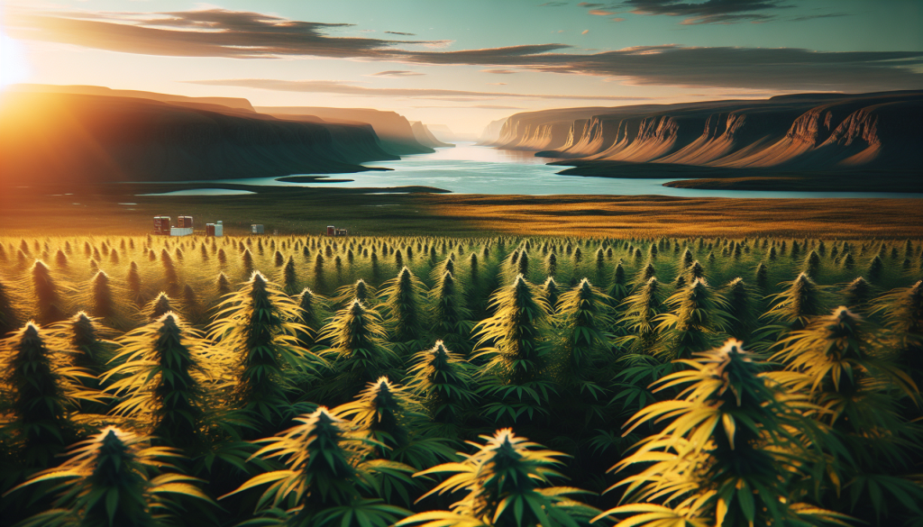 cannabis delivery in a field in the foreground with a scenic landscape of Northwest Territories in the background