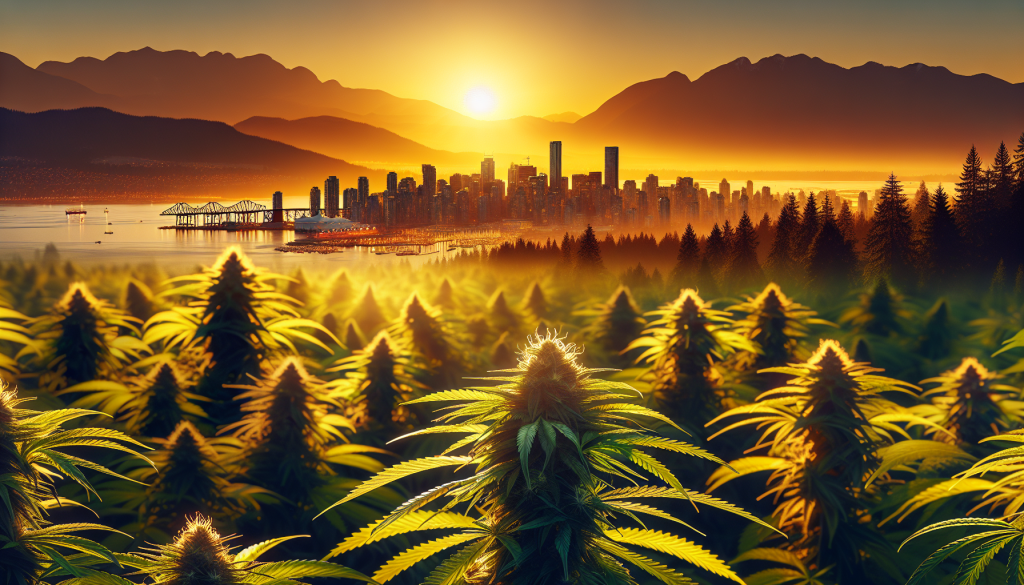 cannabis delivery in a field in the foreground with a scenic landscape of British Columbia in the background