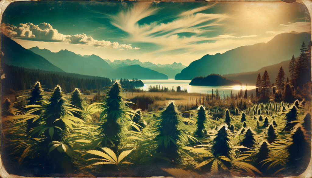 cannabis delivery in a field in the foreground with a scenic landscape of British Columbia in the background