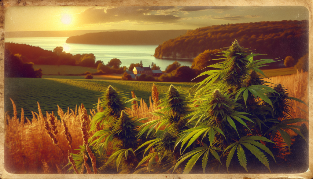 cannabis delivery in a field in the foreground with a scenic landscape of Ontario in the background