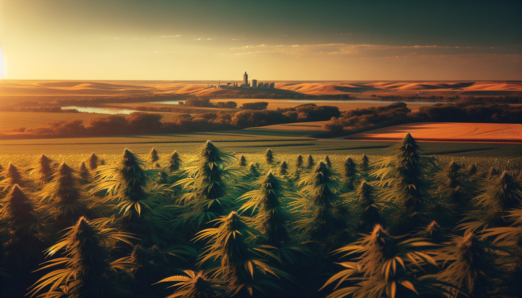 cannabis delivery in a field in the foreground with a scenic landscape of Manitoba in the background