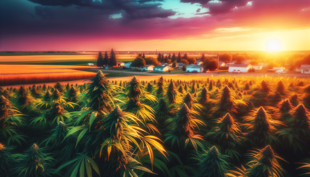 cannabis delivery in a field in the foreground with a scenic landscape of Manitoba in the background