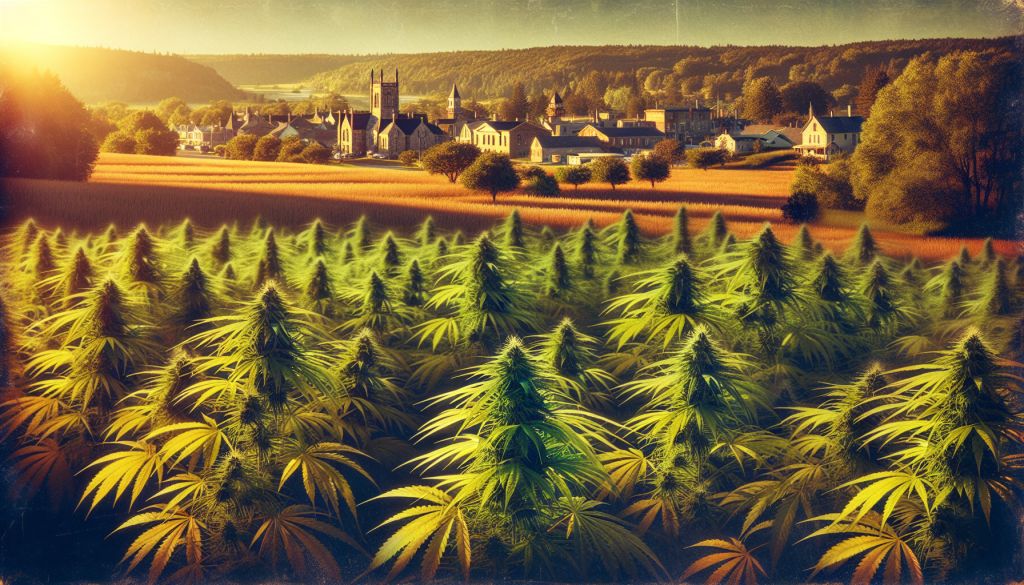 cannabis delivery in a field in the foreground with a scenic landscape of Ontario in the background