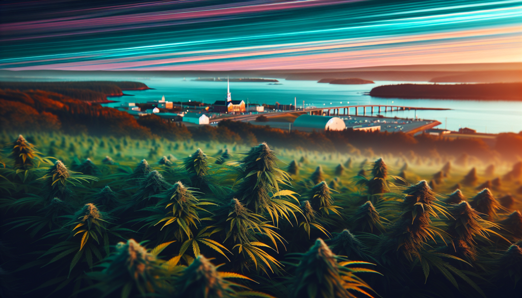 cannabis delivery in a field in the foreground with a scenic landscape of Nova Scotia in the background