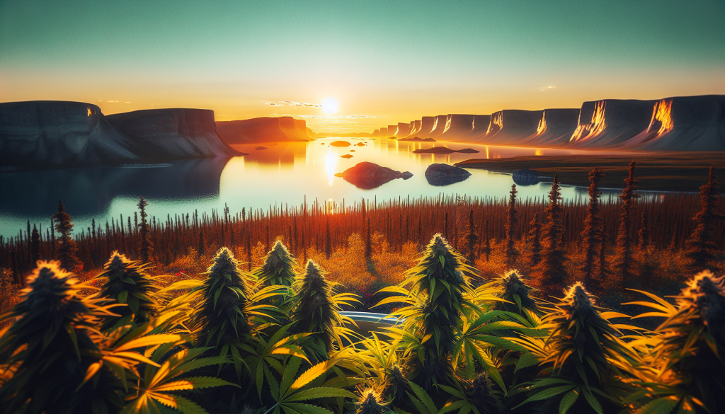 cannabis delivery in a field in the foreground with a scenic landscape of Northwest Territories in the background
