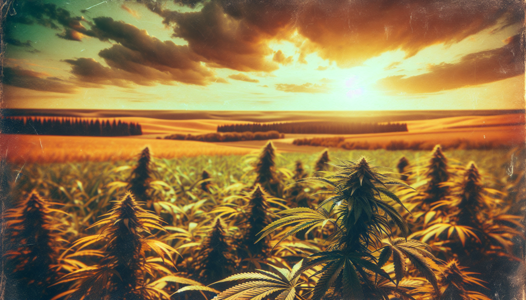 cannabis delivery in a field in the foreground with a scenic landscape of Saskatchewan in the background